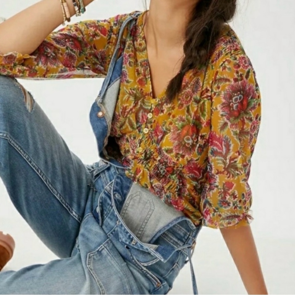Anthropologie Gretchen Golf Floral Paisley Smocked Boho Top Women’s XS